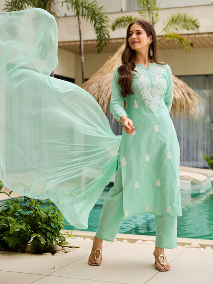 Turquoise Cotton Embroidered Straight Kurta with Pant And Dupatta Sets