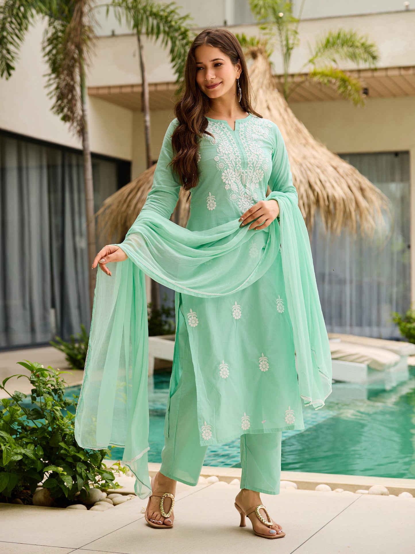 Turquoise Cotton Embroidered Straight Kurta with Pant And Dupatta Sets
