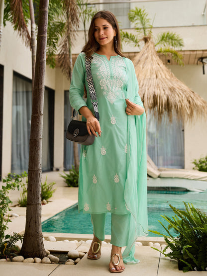 Turquoise Cotton Embroidered Straight Kurta with Pant And Dupatta Sets