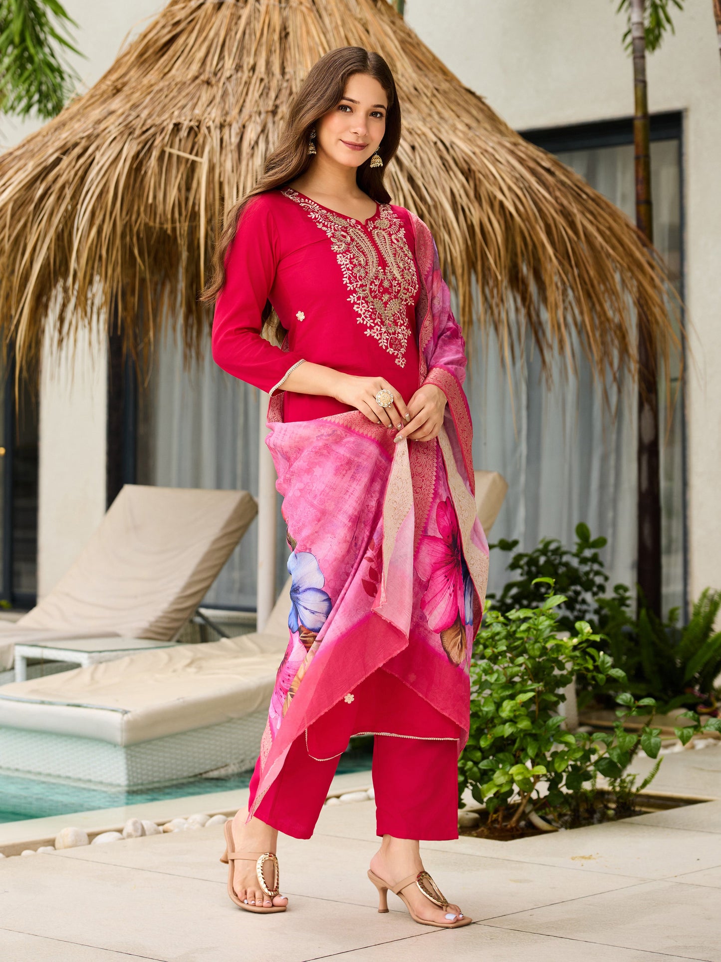 Rani Pink Viscose Embroidered Women Kurti Set