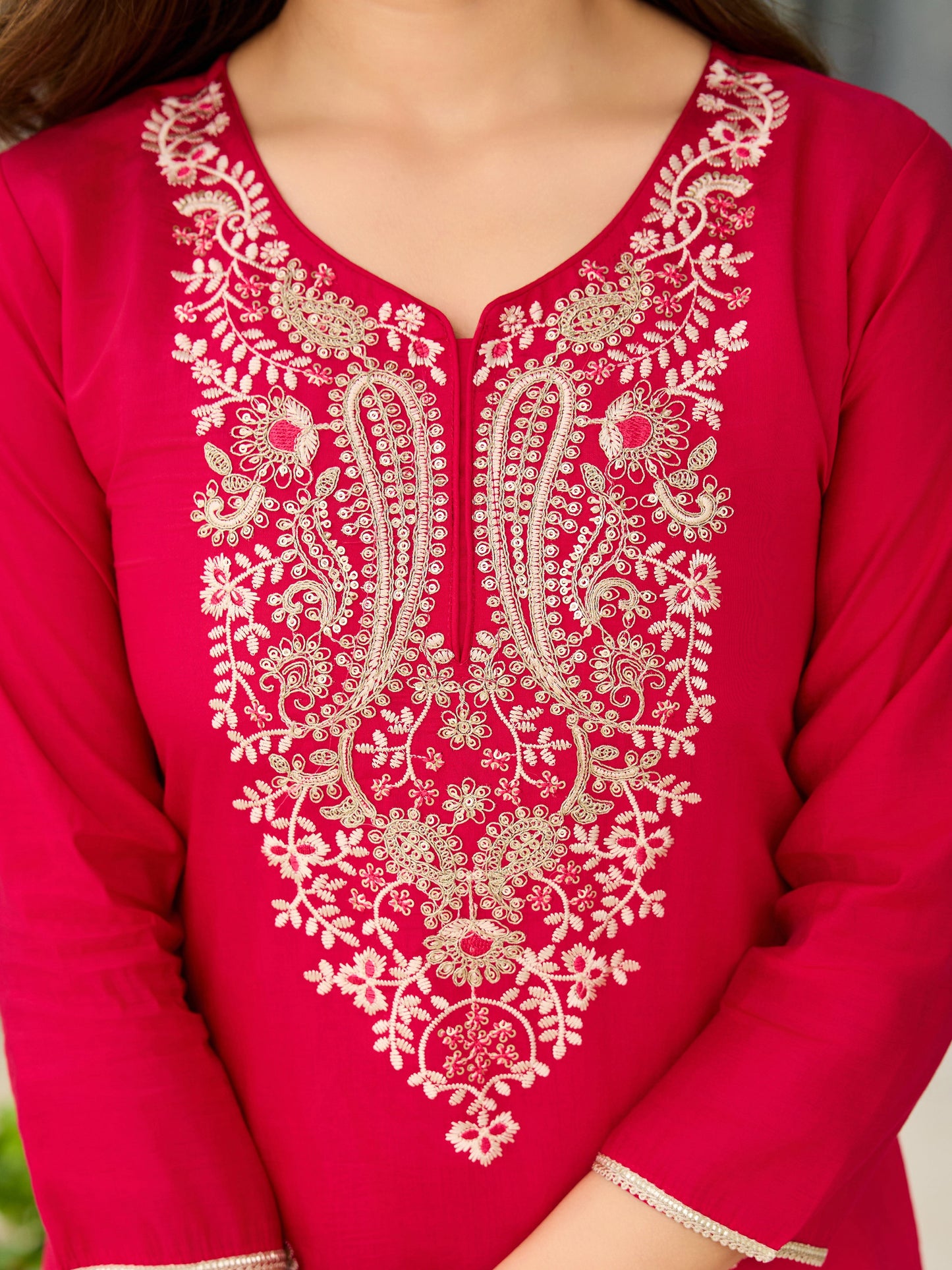 Rani Pink Viscose Embroidered Women Kurti Set