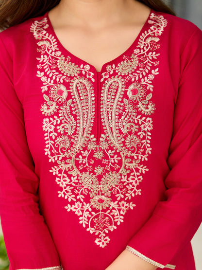 Rani Pink Viscose Embroidered Women Kurti Set