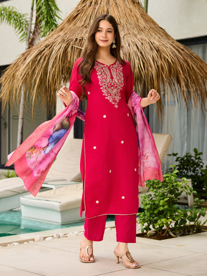 Rani Pink Viscose Embroidered Women Kurti Set