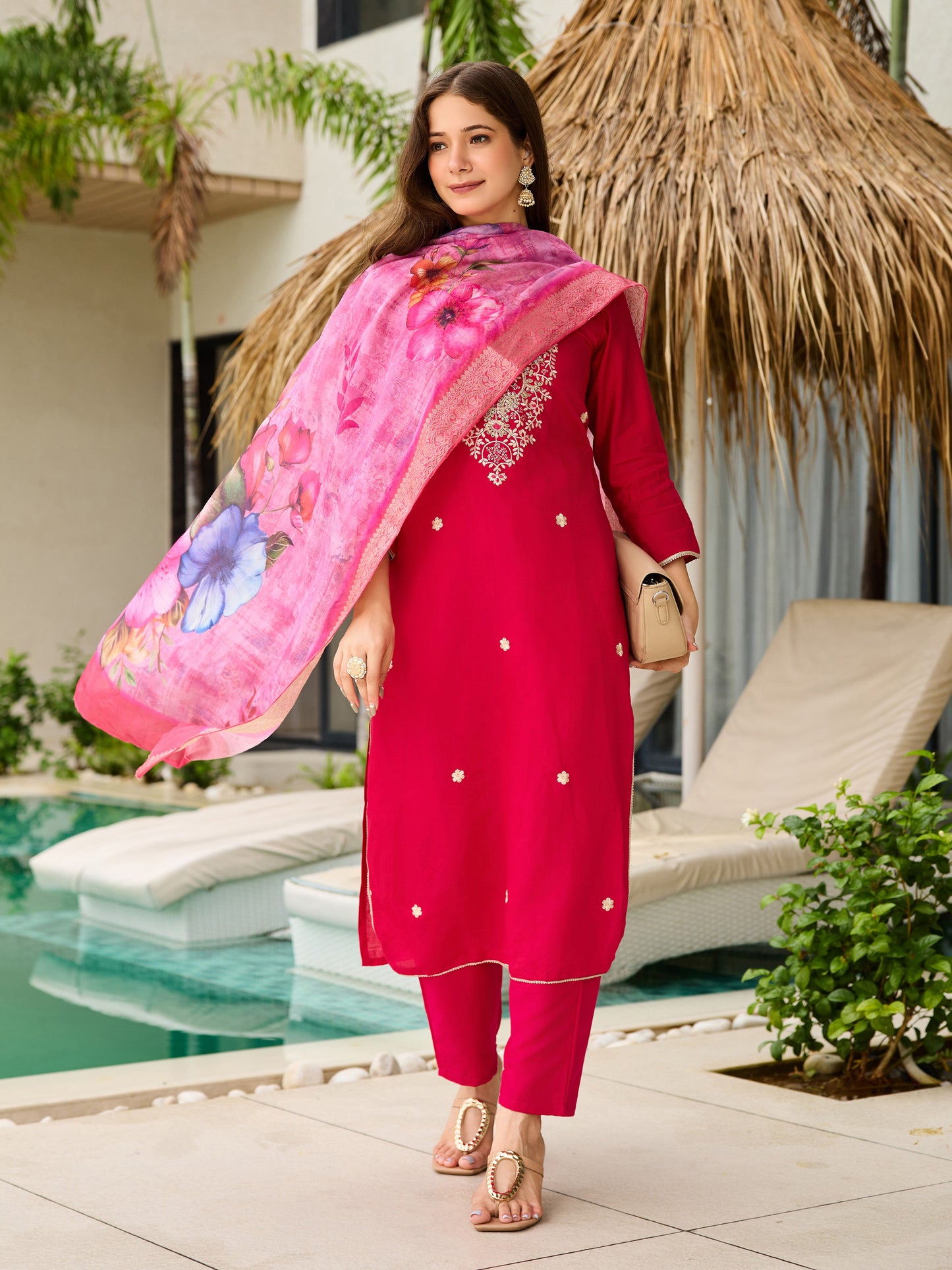 Rani Pink Viscose Embroidered Women Kurti Set