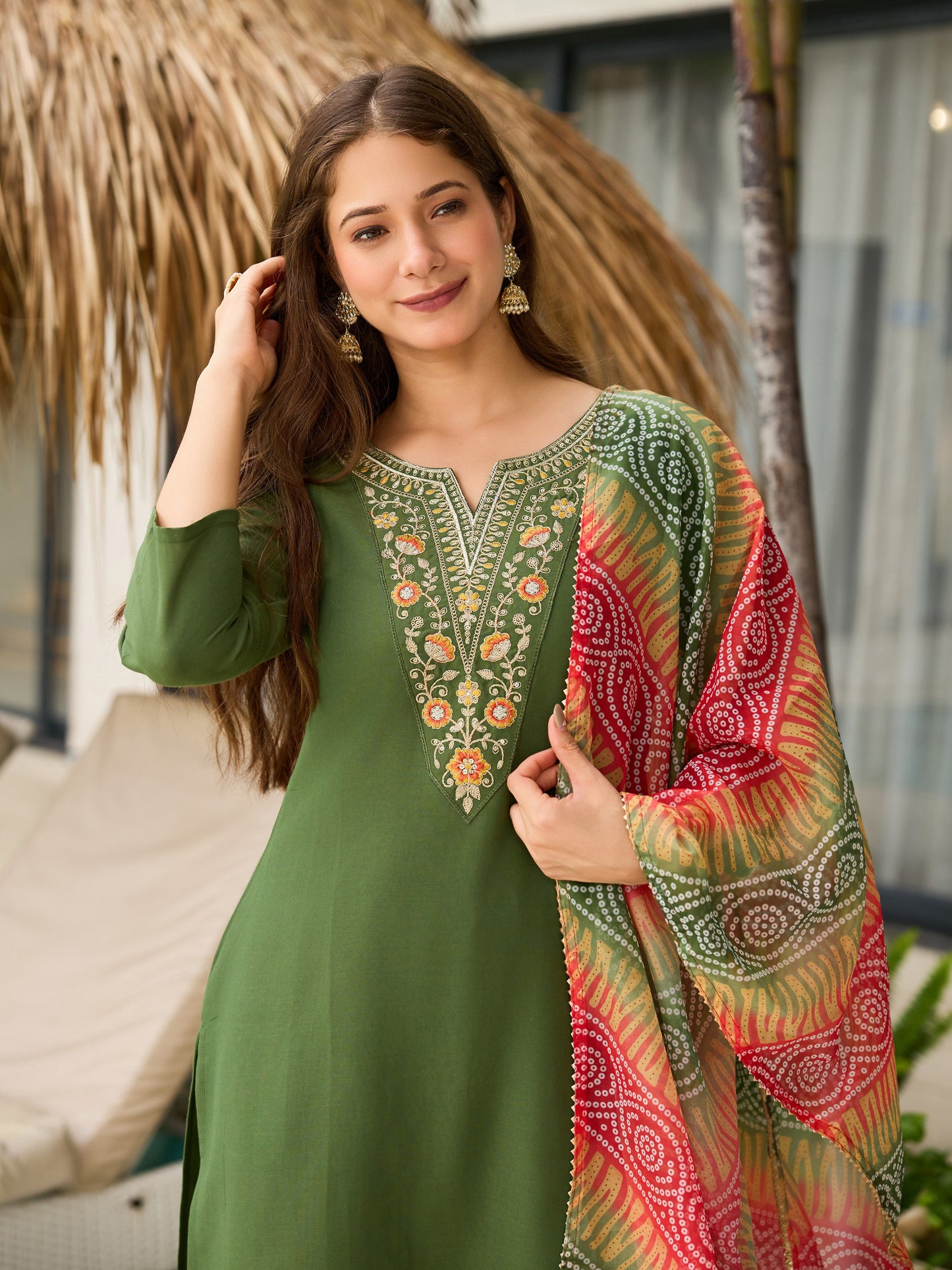 Stunning Mehedni Green Rayon Kurti Set