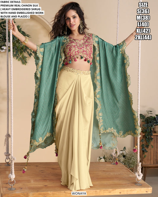Premium Real Chinon Silk Embroidered Shrug with Handwork Blouse & Plazzo