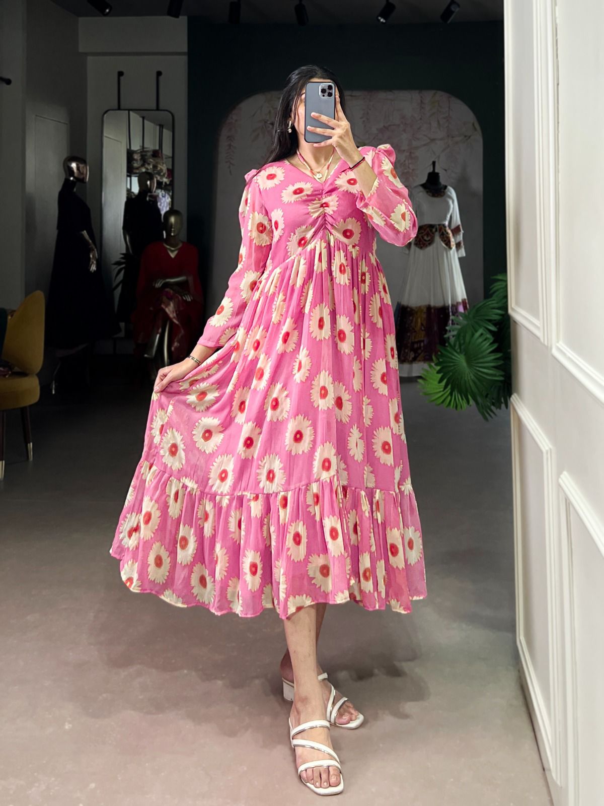 Vibrant Pink Floral Print Tiered Midi One Piece Dress