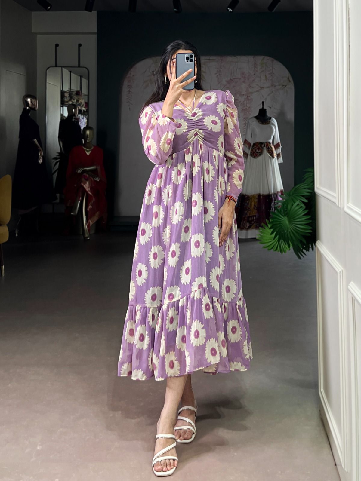 Boho Lavender Flowy Puff Sleeves One Piece Dress