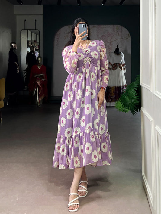 Boho Lavender Flowy Puff Sleeves One Piece Dress