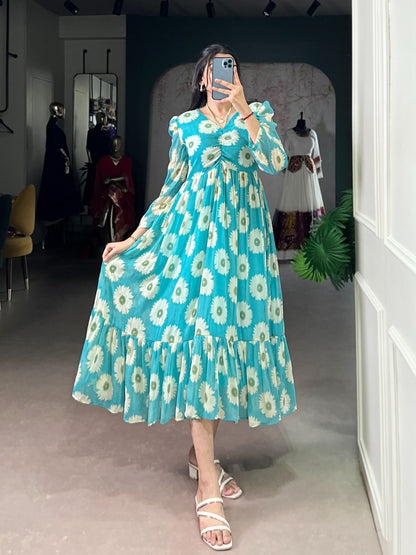 ummer Flowy Teal Floral One Piece Dress Puff Sleeve with Ruched V-Neck