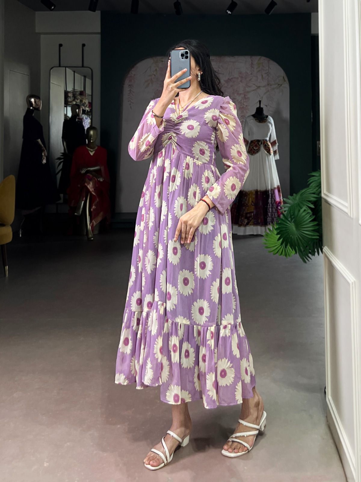 Boho Lavender Flowy Puff Sleeves One Piece Dress