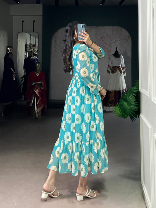 ummer Flowy Teal Floral One Piece Dress Puff Sleeve with Ruched V-Neck