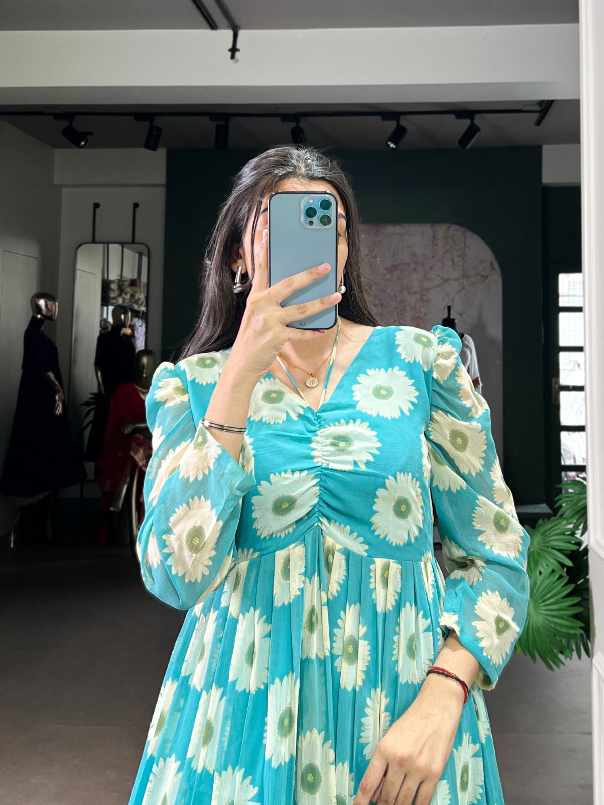 ummer Flowy Teal Floral One Piece Dress Puff Sleeve with Ruched V-Neck