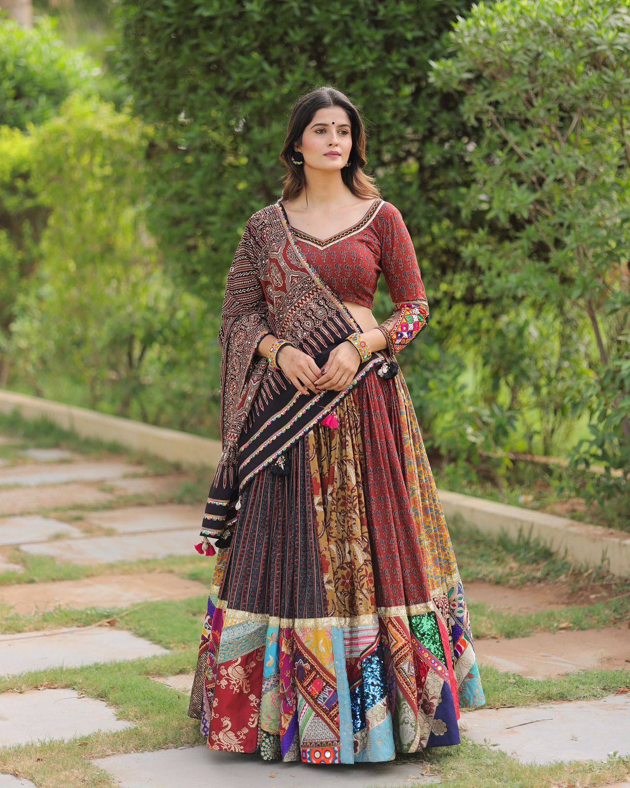 Muslin Cotton Real Mirror Work Navratri Lehenga