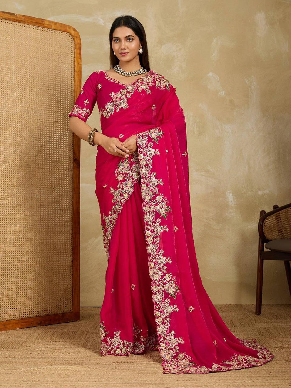 Radiant Pink Georgette Saree with  Floral Embroidery
