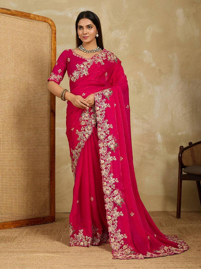 Radiant Pink Georgette Saree with  Floral Embroidery