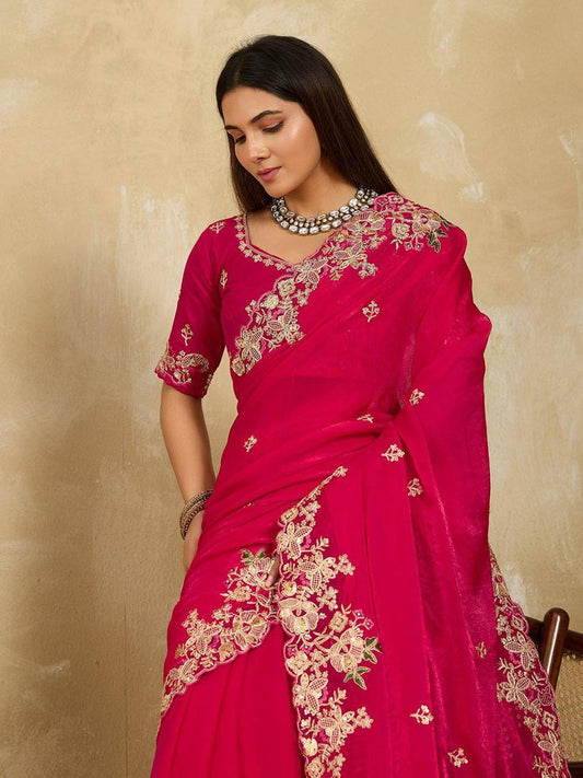 Radiant Pink Georgette Saree with  Floral Embroidery