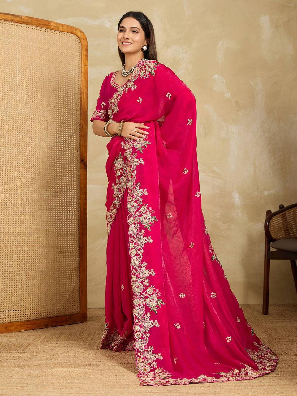 Radiant Pink Georgette Saree with  Floral Embroidery