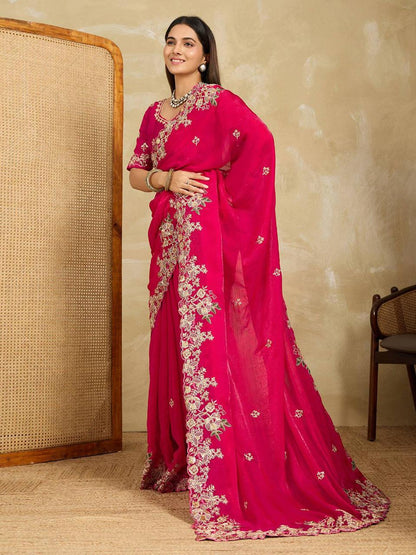 Radiant Pink Georgette Saree with  Floral Embroidery