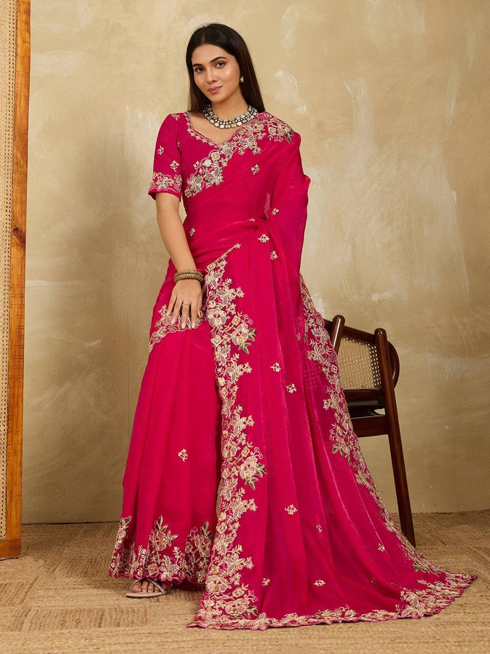 Radiant Pink Georgette Saree with  Floral Embroidery