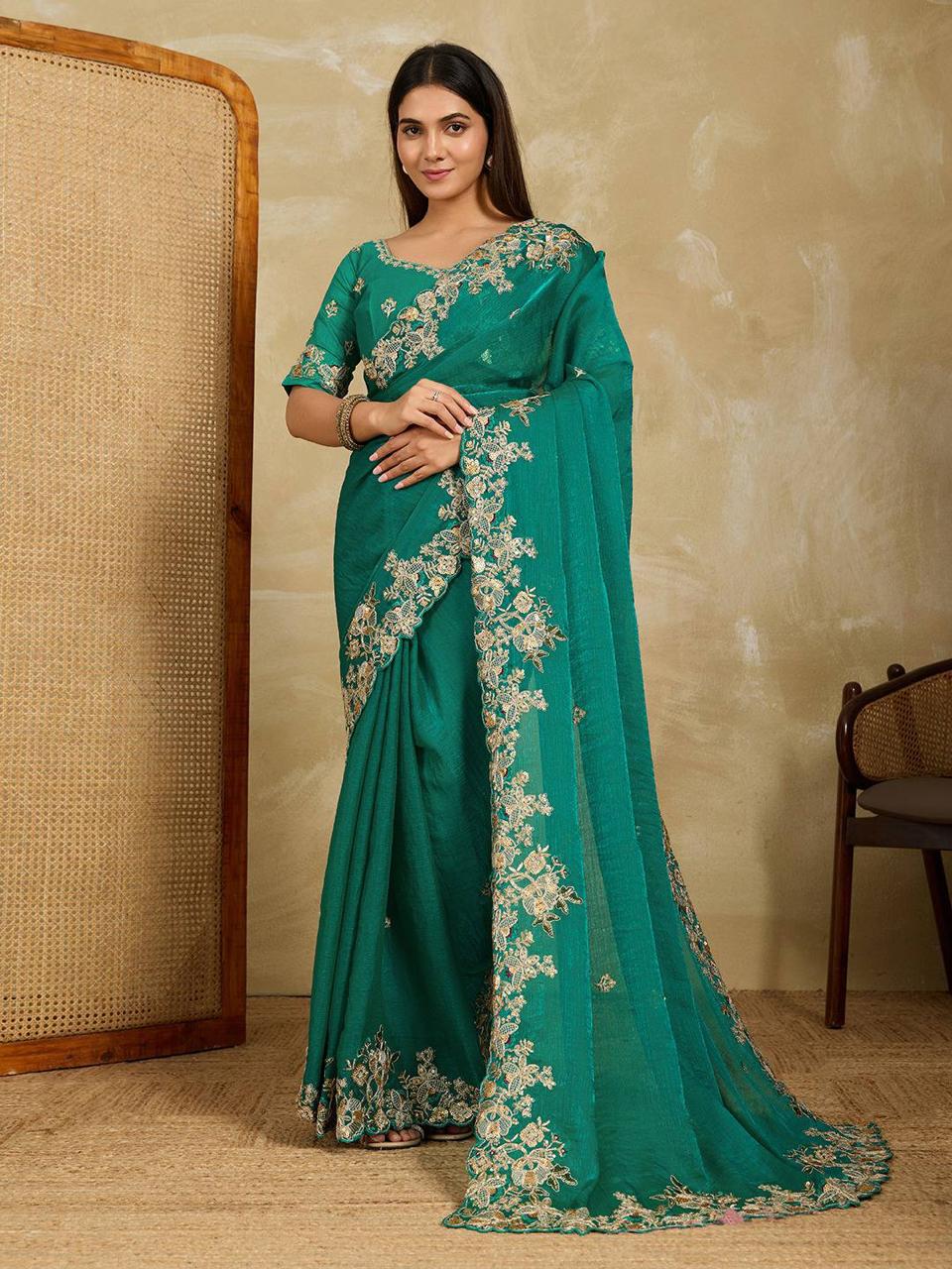 Emerald Green Chiffon Saree with Intricate Gold-Tone Floral Embroidery