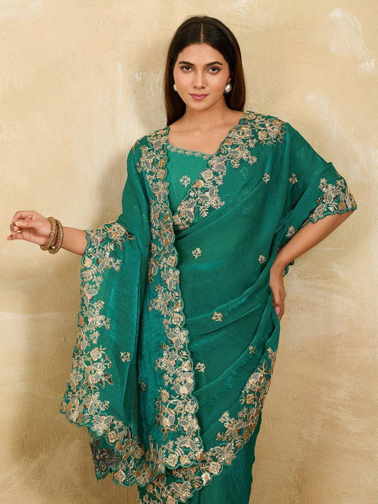 Emerald Green Chiffon Saree with Intricate Gold-Tone Floral Embroidery