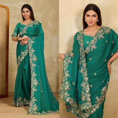 Emerald Green Chiffon Saree with Intricate Gold-Tone Floral Embroidery