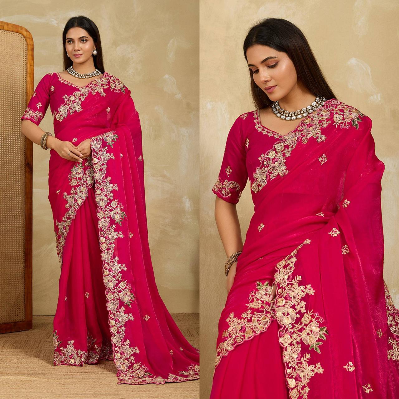 Radiant Pink Georgette Saree with  Floral Embroidery