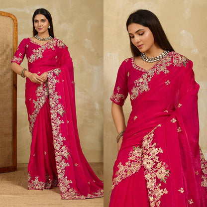 Radiant Pink Georgette Saree with  Floral Embroidery