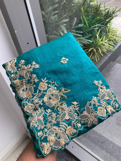 Emerald Green Chiffon Saree with Intricate Gold-Tone Floral Embroidery