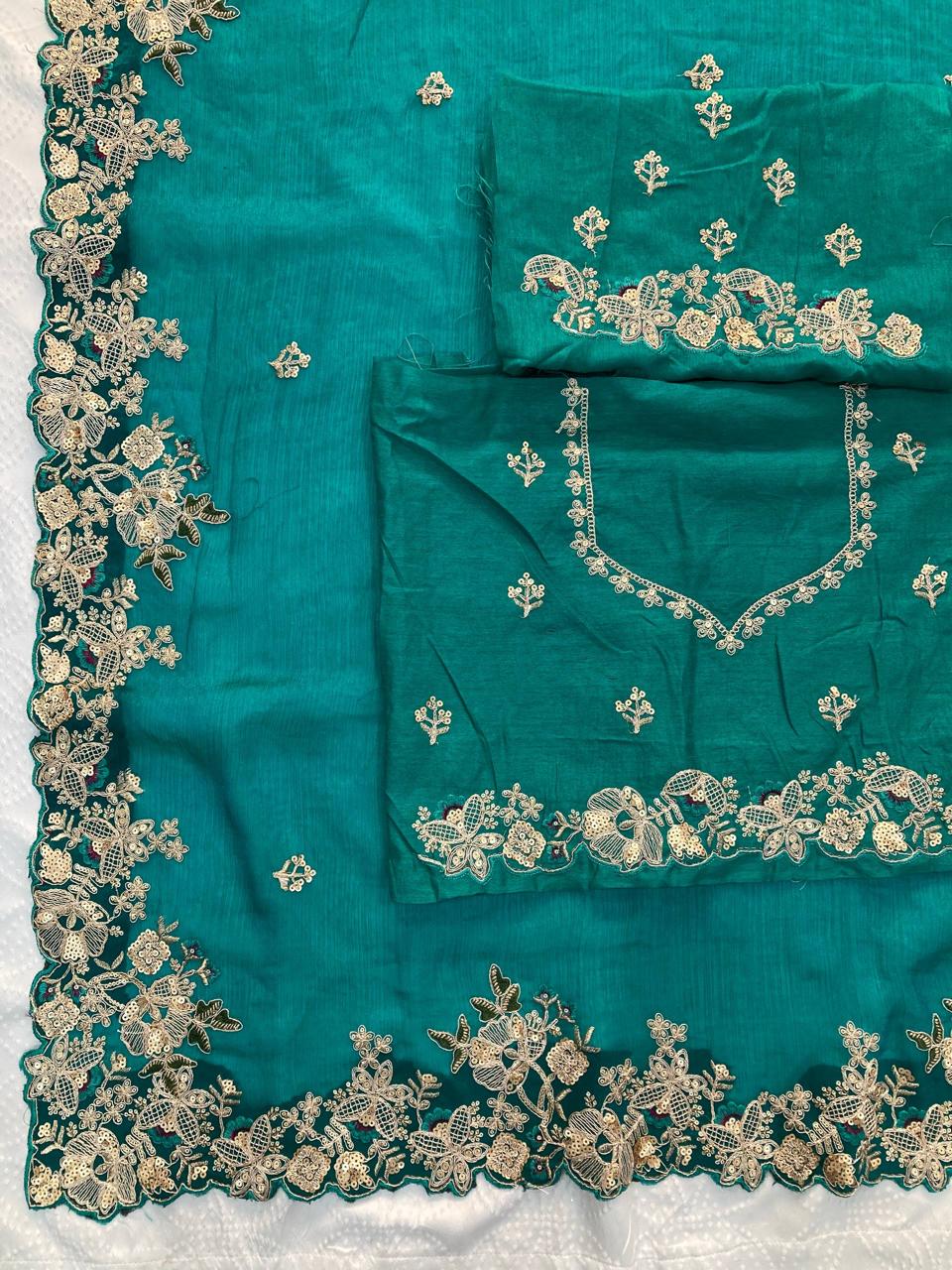 Emerald Green Chiffon Saree with Intricate Gold-Tone Floral Embroidery