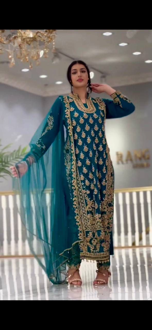 Regal Teal Blue Suit Set with Heavy Gold Zari Embroidery
