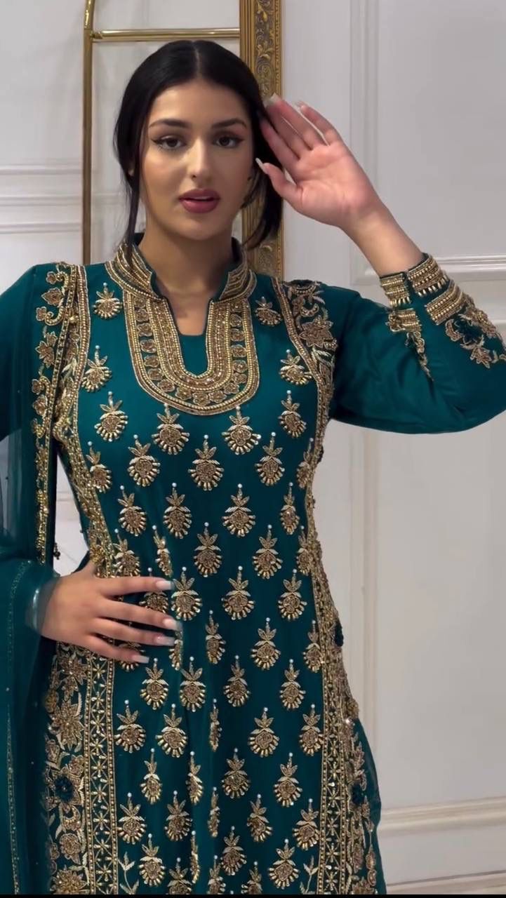 Regal Teal Blue Suit Set with Heavy Gold Zari Embroidery