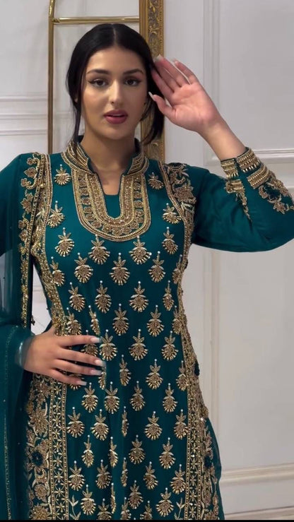 Regal Teal Blue Suit Set with Heavy Gold Zari Embroidery