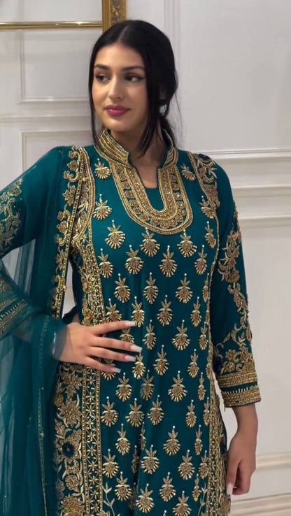Regal Teal Blue Suit Set with Heavy Gold Zari Embroidery