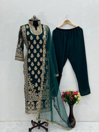 Regal Teal Blue Suit Set with Heavy Gold Zari Embroidery