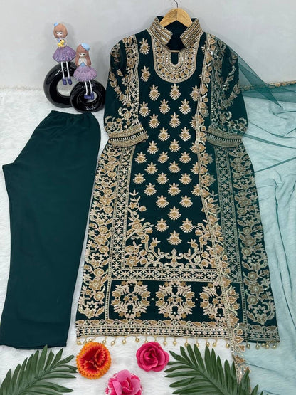 Regal Teal Blue Suit Set with Heavy Gold Zari Embroidery