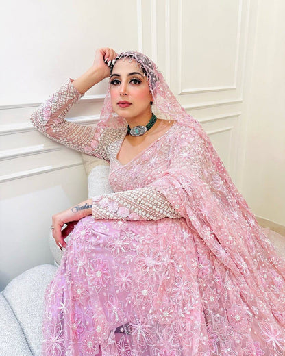 Dreamy Blush Pink Net Saree with Heavy Sequin and Floral Work