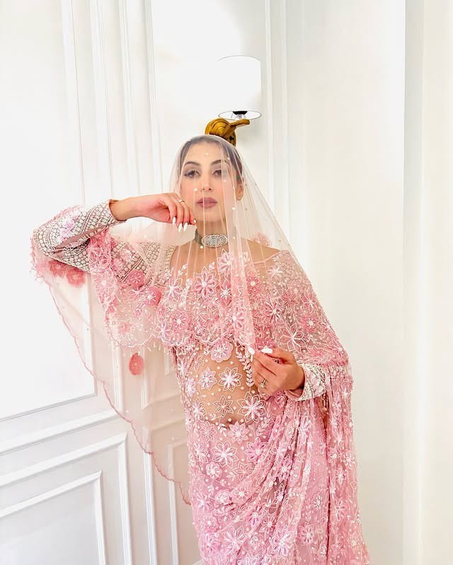 Dreamy Blush Pink Net Saree with Heavy Sequin and Floral Work