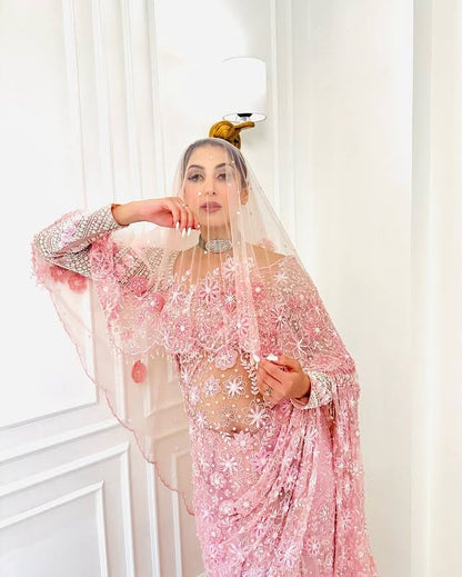 Dreamy Blush Pink Net Saree with Heavy Sequin and Floral Work