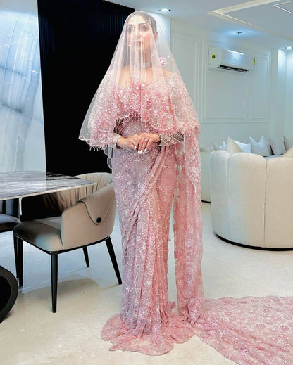 Dreamy Blush Pink Net Saree with Heavy Sequin and Floral Work