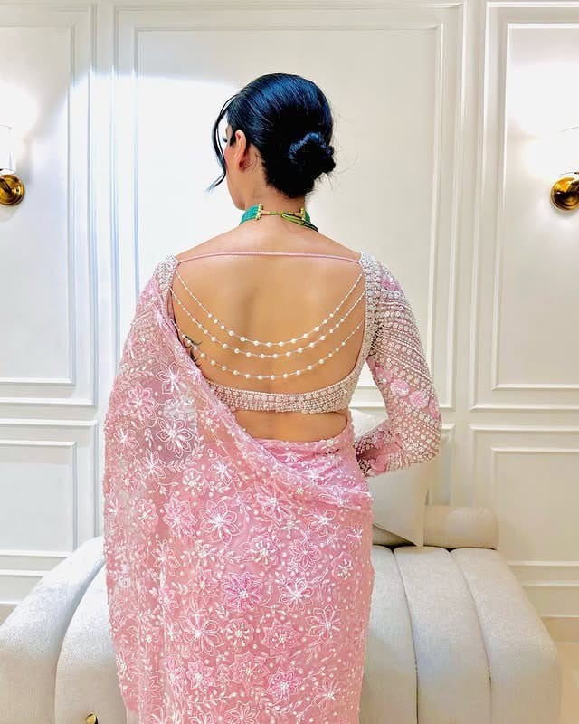 Dreamy Blush Pink Net Saree with Heavy Sequin and Floral Work
