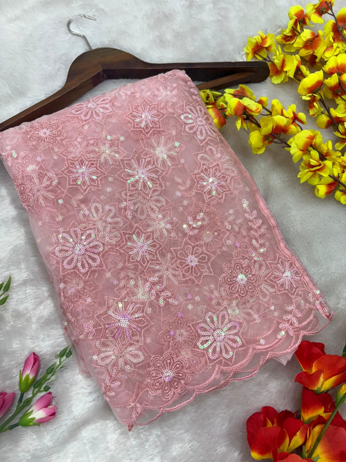 Dreamy Blush Pink Net Saree with Heavy Sequin and Floral Work