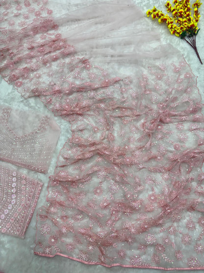 Dreamy Blush Pink Net Saree with Heavy Sequin and Floral Work