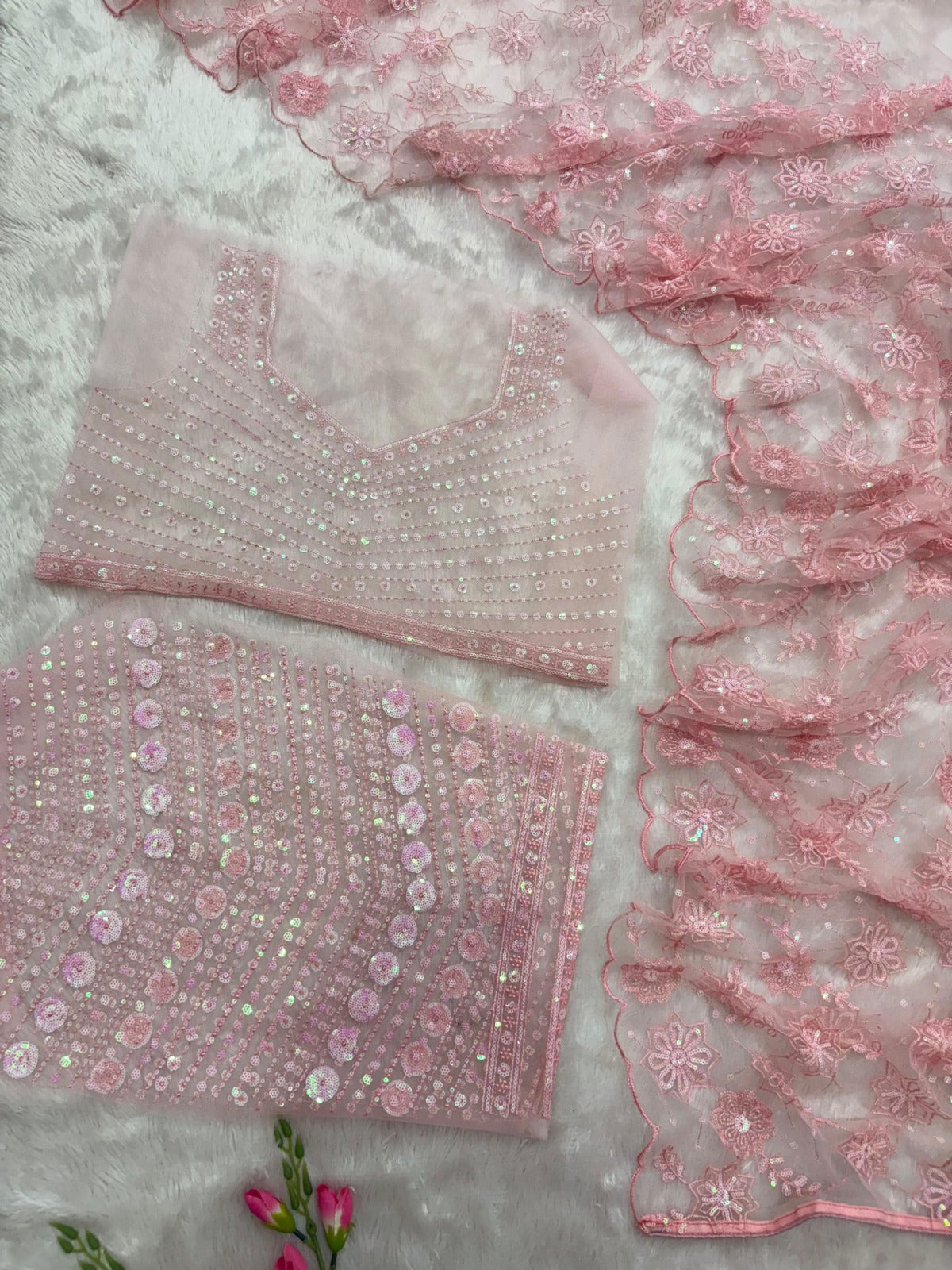 Dreamy Blush Pink Net Saree with Heavy Sequin and Floral Work