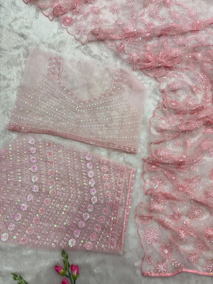 Dreamy Blush Pink Net Saree with Heavy Sequin and Floral Work
