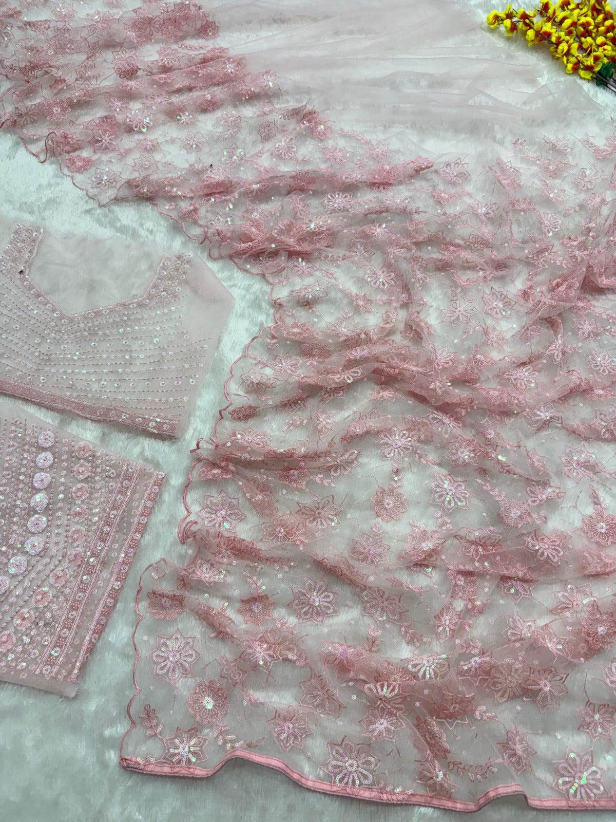 Dreamy Blush Pink Net Saree with Heavy Sequin and Floral Work