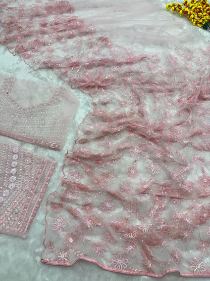 Dreamy Blush Pink Net Saree with Heavy Sequin and Floral Work