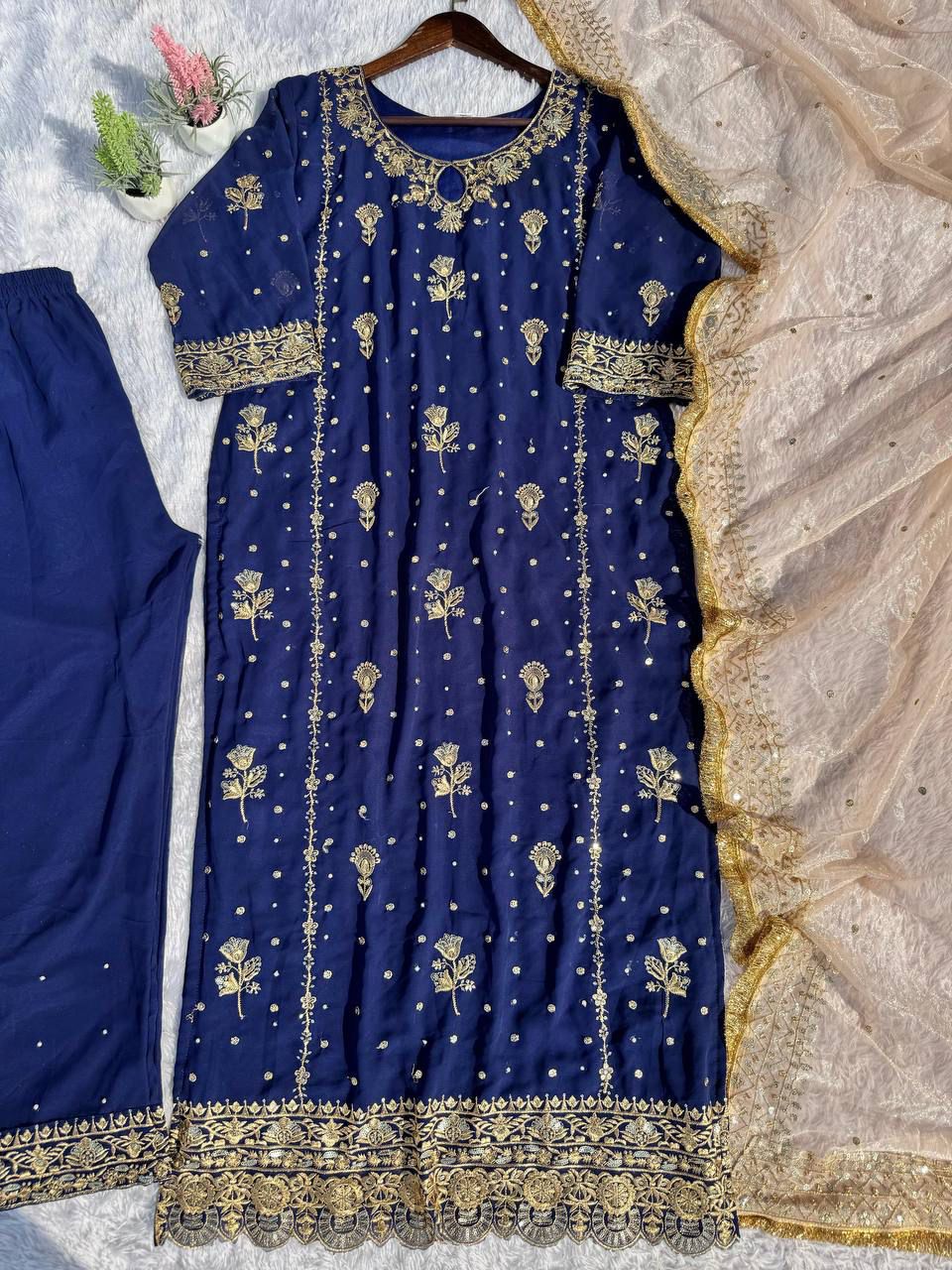 Intricate Gold Work Suit with Contrast Golden Tissue Dupatta