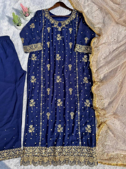 Intricate Gold Work Suit with Contrast Golden Tissue Dupatta